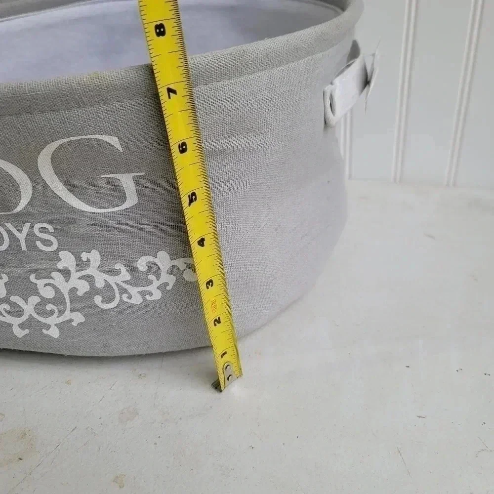 Dog Toys Oval Gray Canvas w/Handles Storage Basket Organizer Bin Box 7.5x15x12